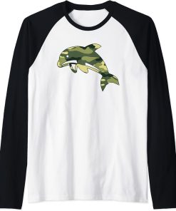 Military Dolphin Camo Men Print US Beluga Fish Veteran Gift Raglan Baseball Tee