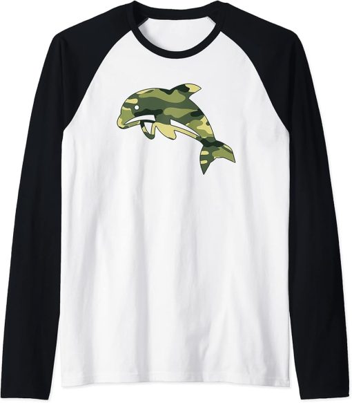 Military Dolphin Camo Men Print US Beluga Fish Veteran Gift Raglan Baseball Tee