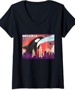 Womens Funny Orcazilla Killer Whale for Orca Lovers V-Neck T-Shirt