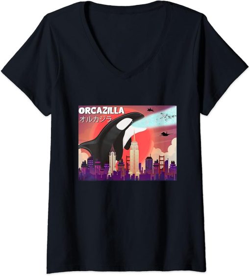 Womens Funny Orcazilla Killer Whale for Orca Lovers V-Neck T-Shirt