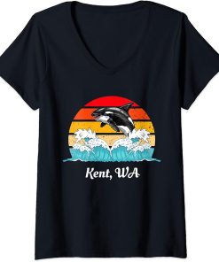 Womens Vintage Kent WA Distressed Orca Killer Whale Art V-Neck T-Shirt