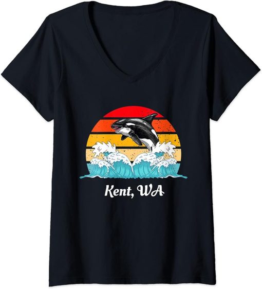 Womens Vintage Kent WA Distressed Orca Killer Whale Art V-Neck T-Shirt