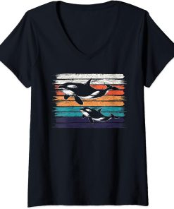 Womens Orca Family Vintage Retro Art Killer Whale Family Matching V-Neck T-Shirt