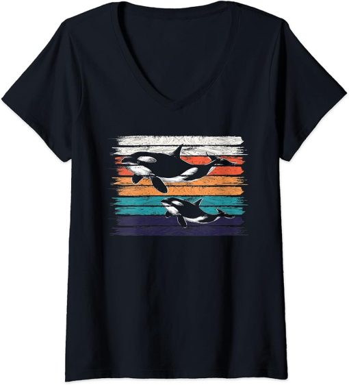 Womens Orca Family Vintage Retro Art Killer Whale Family Matching V-Neck T-Shirt