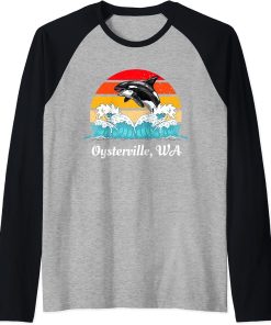 Vintage Oysterville WA Distressed Orca Killer Whale Art Raglan Baseball Tee