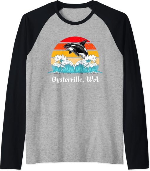 Vintage Oysterville WA Distressed Orca Killer Whale Art Raglan Baseball Tee